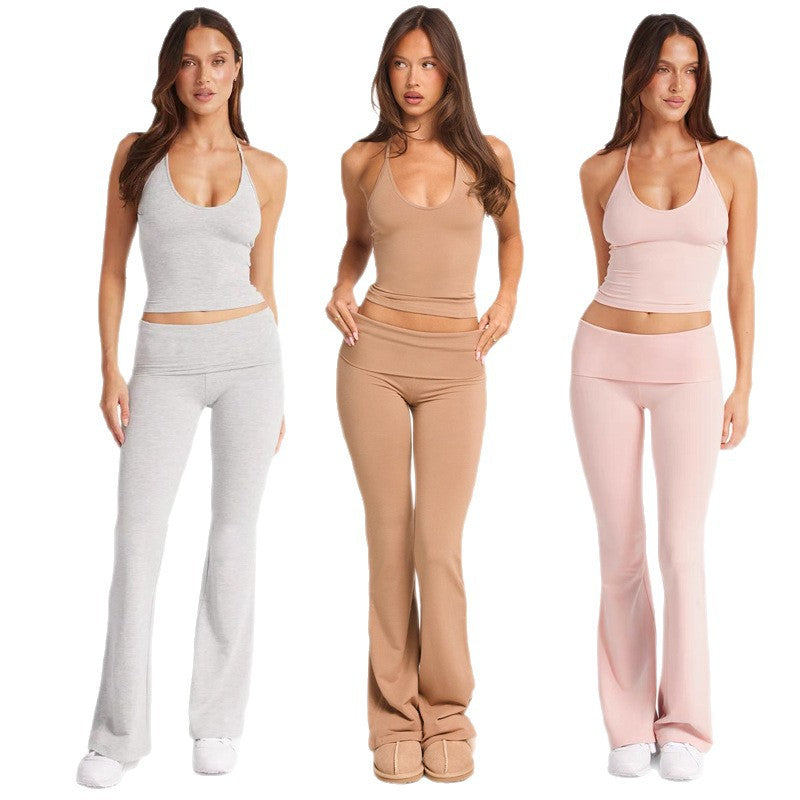 Women Yoga Suit with Chest Pad High-Waist Flared Trousers