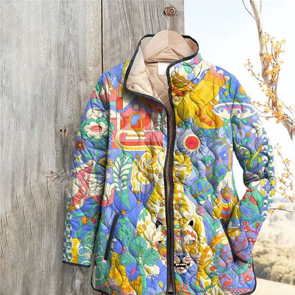 Women Floral Stand Collar Pleated Cotton Sweatshirt