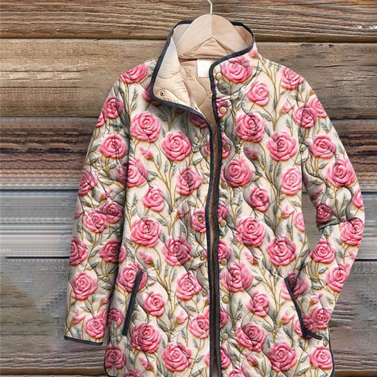 Women Floral Stand Collar Pleated Cotton Sweatshirt
