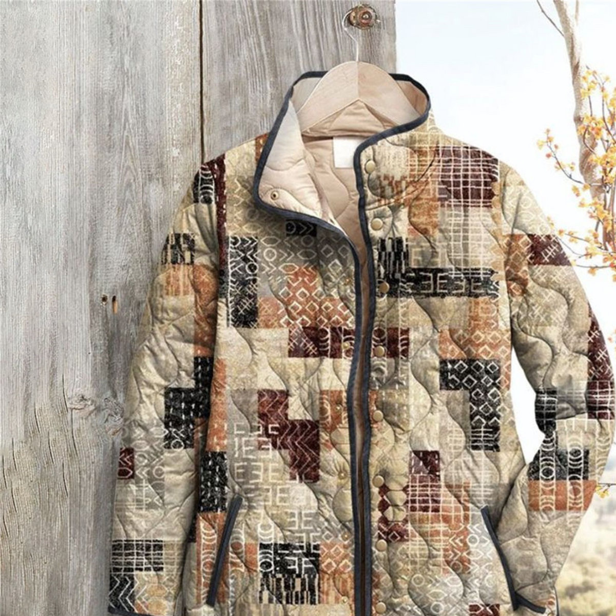 Women Floral Stand Collar Pleated Cotton Sweatshirt