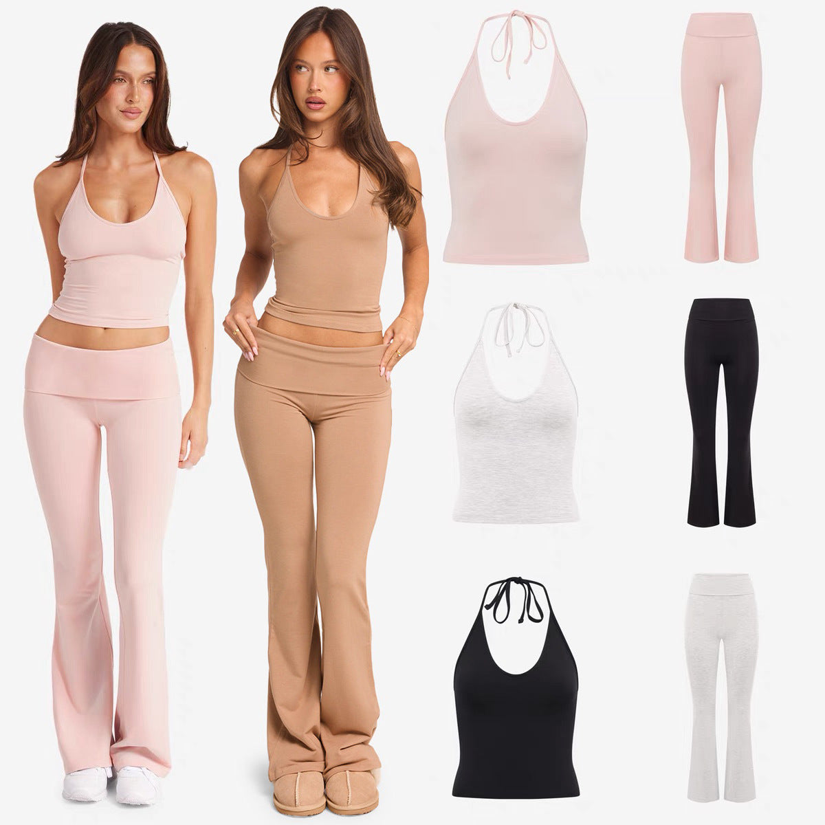 Women Yoga Suit with Chest Pad High-Waist Flared Trousers
