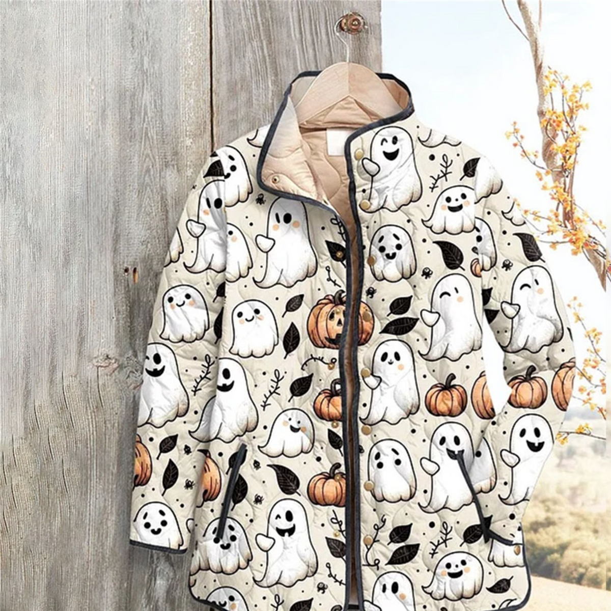 Women Floral Stand Collar Pleated Cotton Sweatshirt