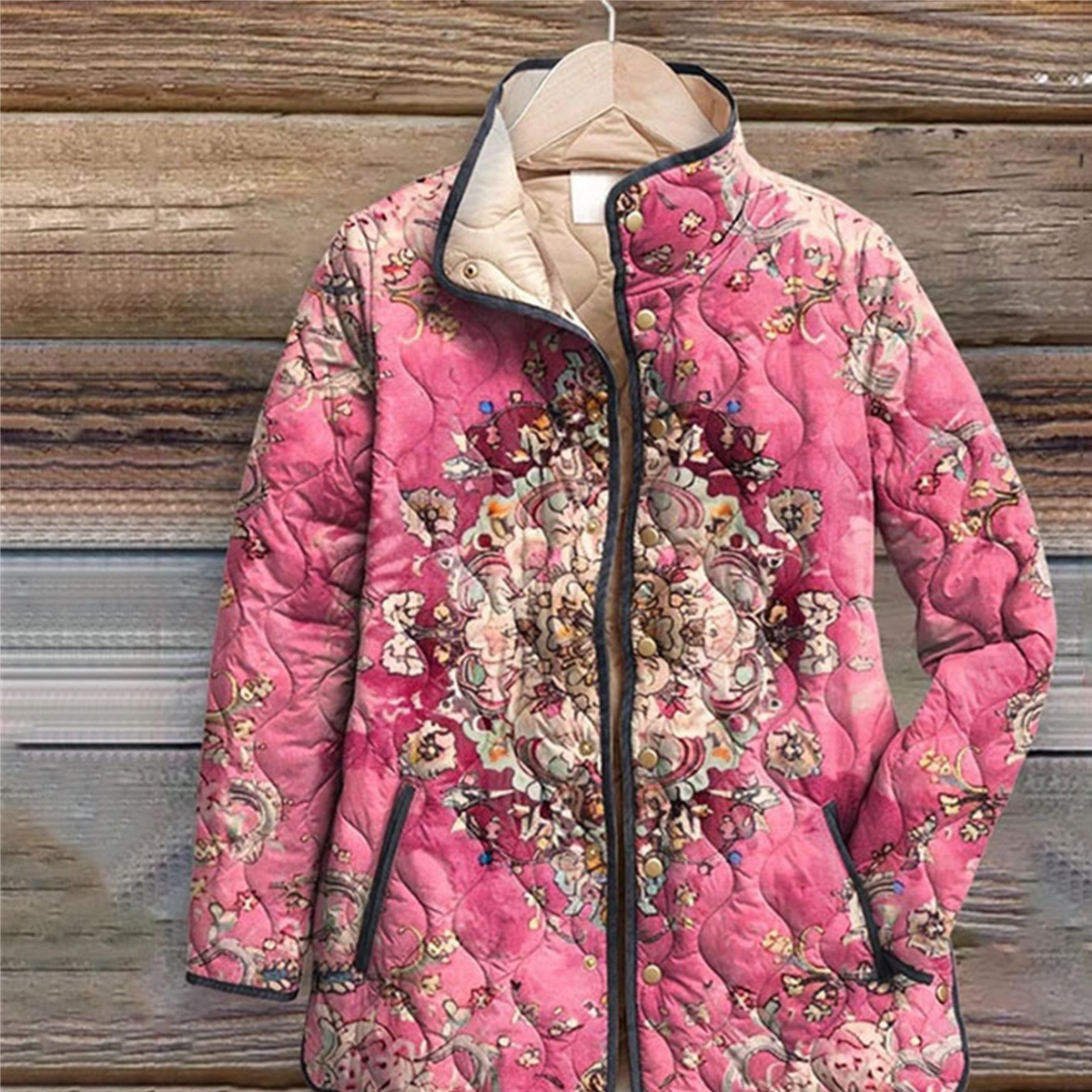 Women Floral Stand Collar Pleated Cotton Sweatshirt