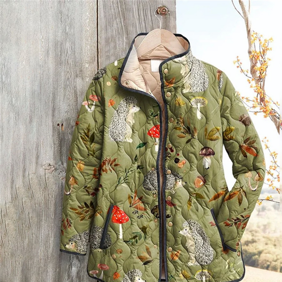 Women Floral Stand Collar Pleated Cotton Sweatshirt